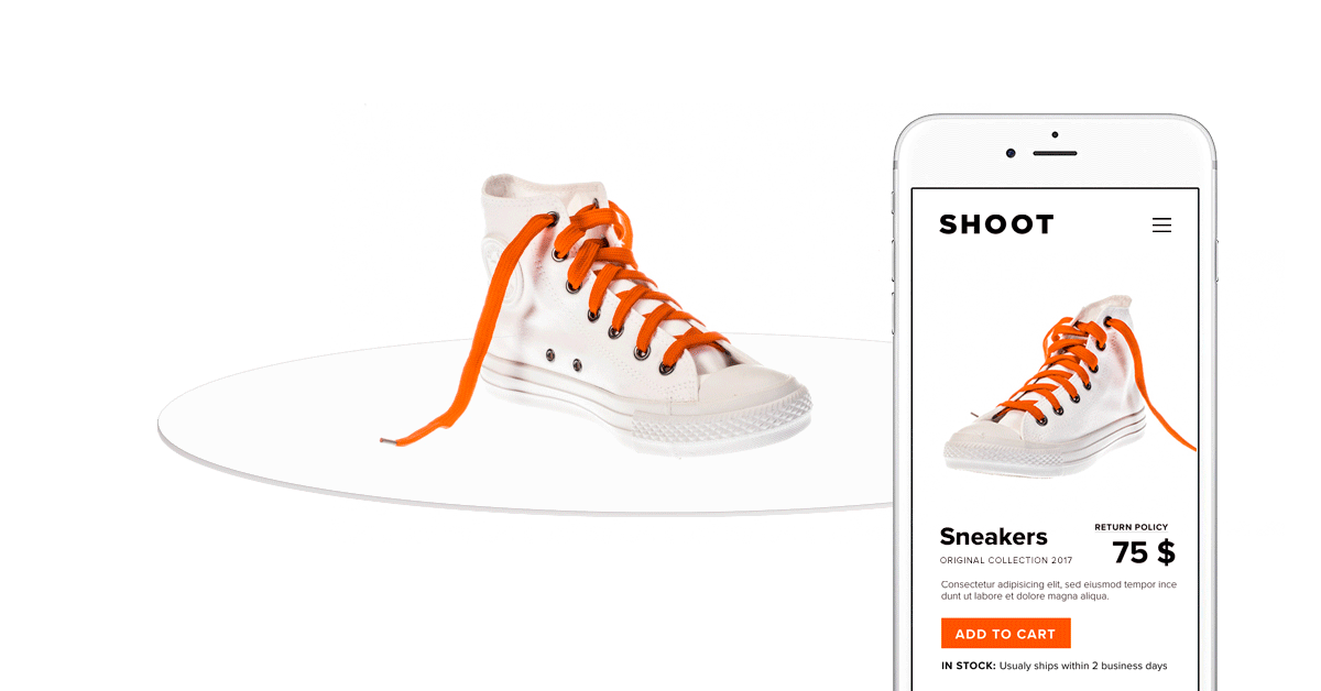 White high-top shoe with orange laces on motorized turntable.