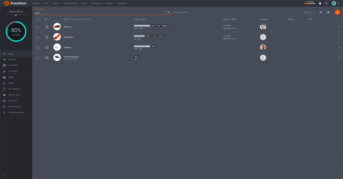 Make a shooting list organized into folders to contain still images, 360 spins, and video