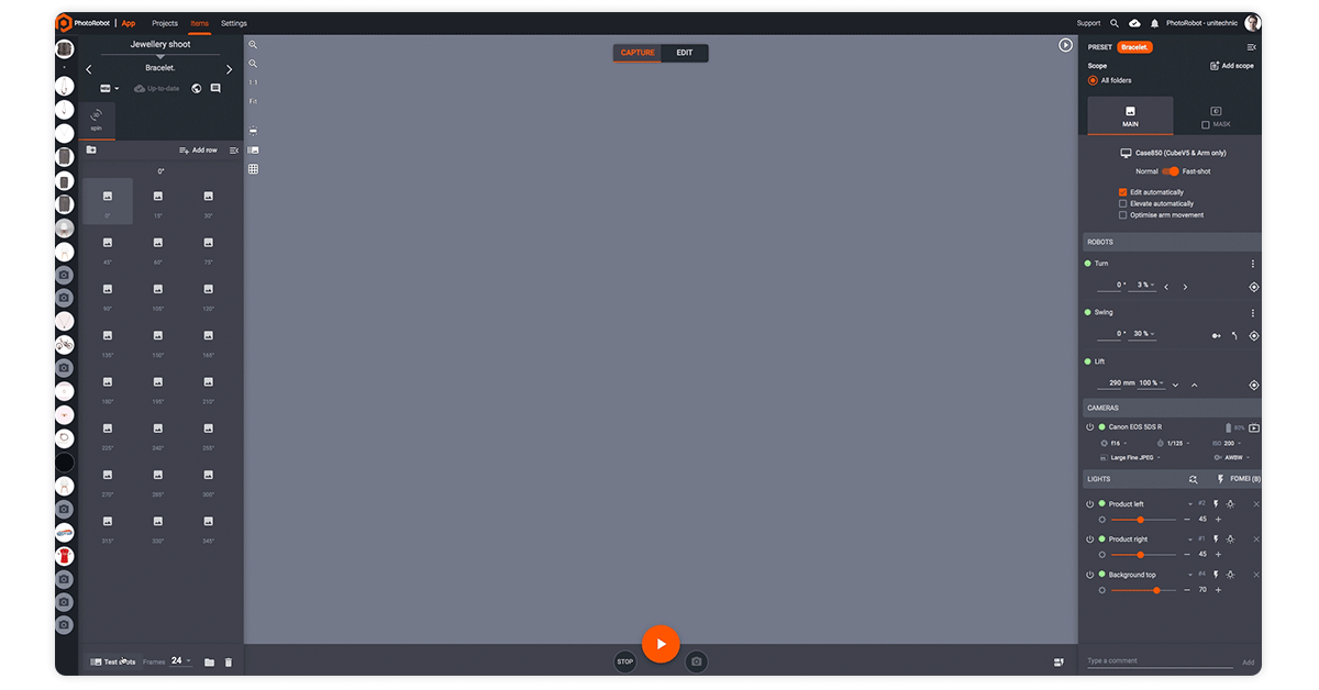Taking test shots to optimize camera settings, lighting, and composition