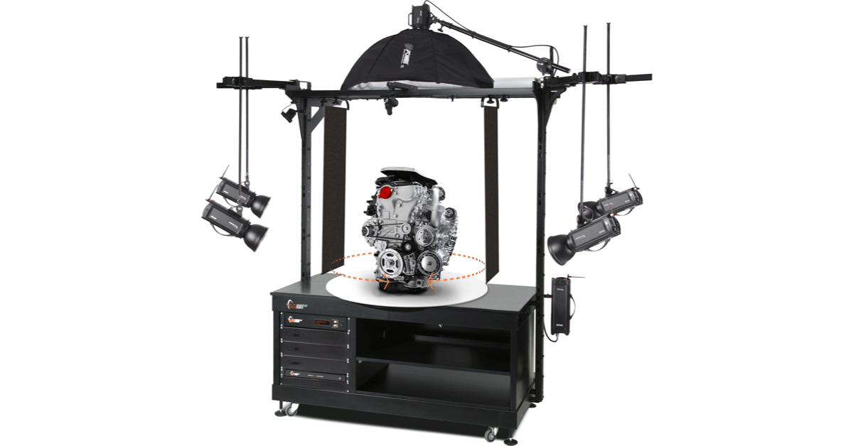 Motorized rotary photography turntable supporting product.