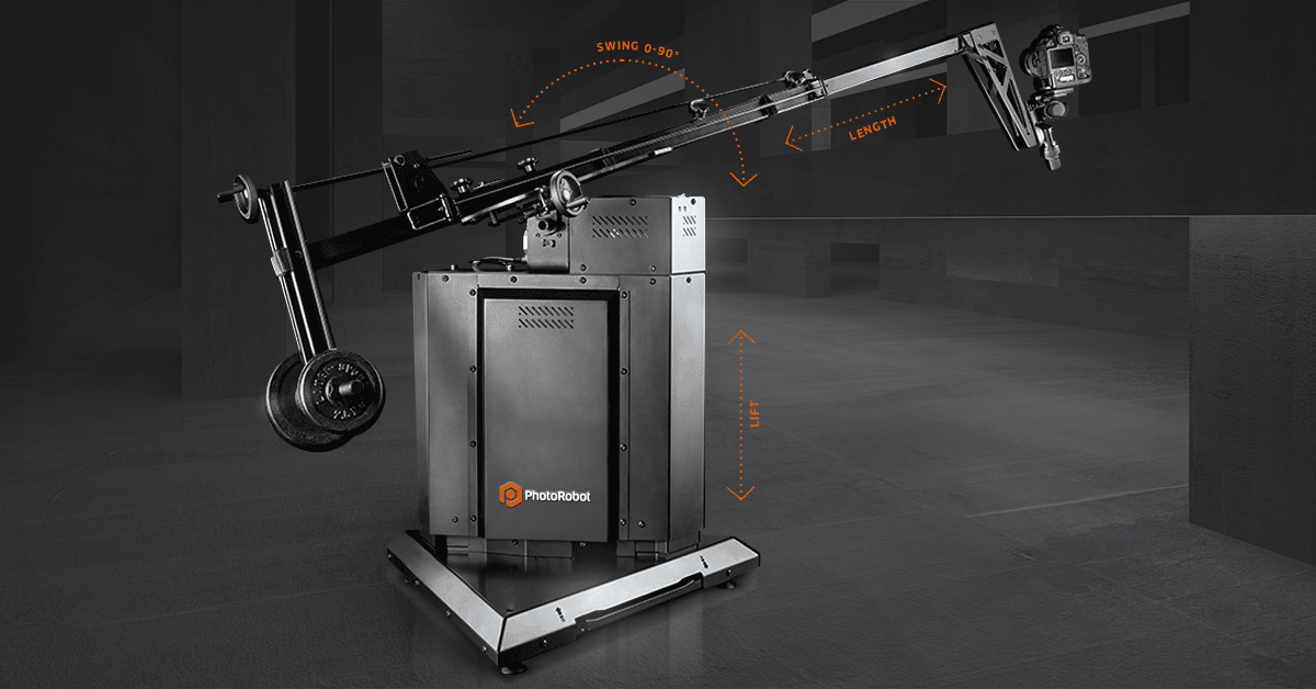 Infographic of camera arm displaying swing angle, length, and lift.