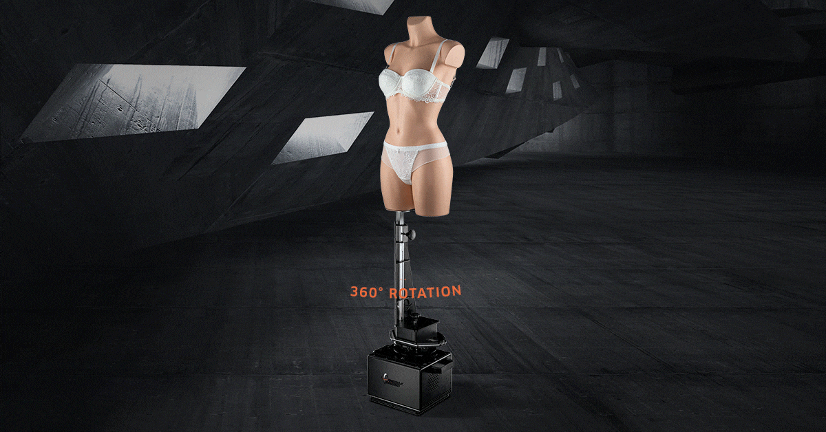 360-degree rotating mannequin support hardware.
