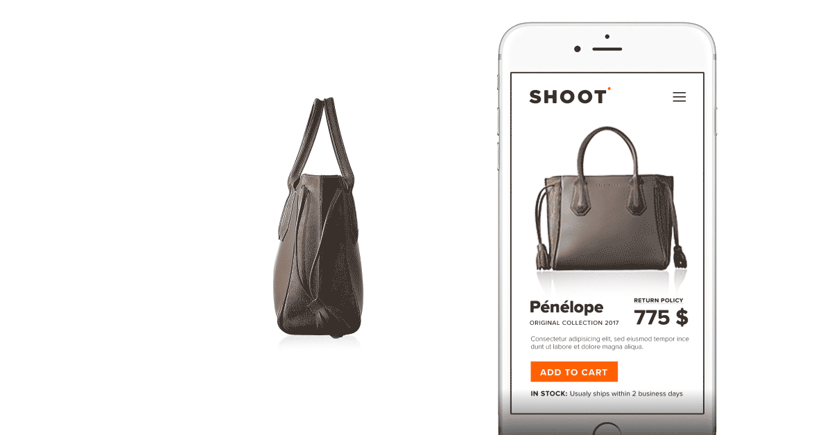 3D handbag spin image next to product page view on mobile.