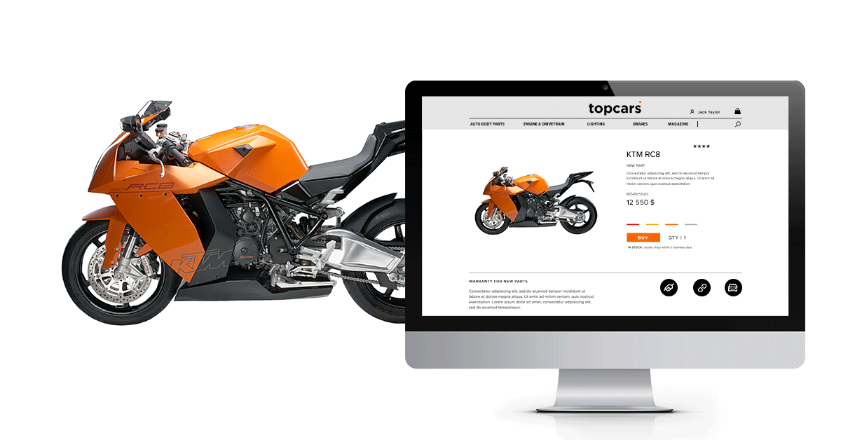 Marketplace product page of motorcycle next to 360 spinning image.