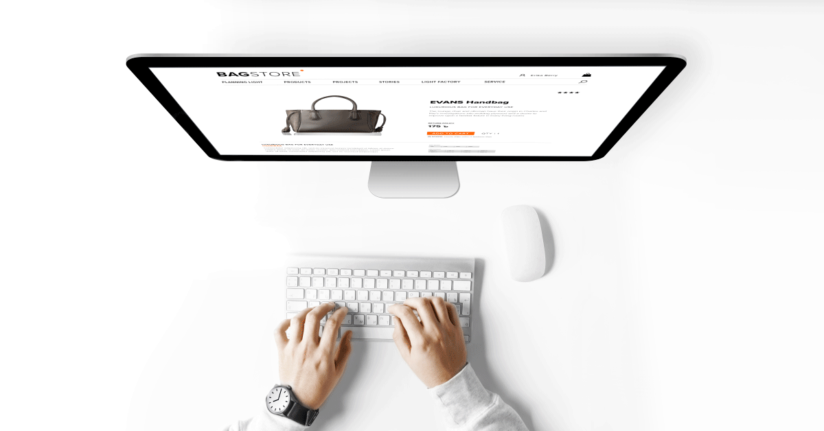 Product website with spin image of handbag on monitor.