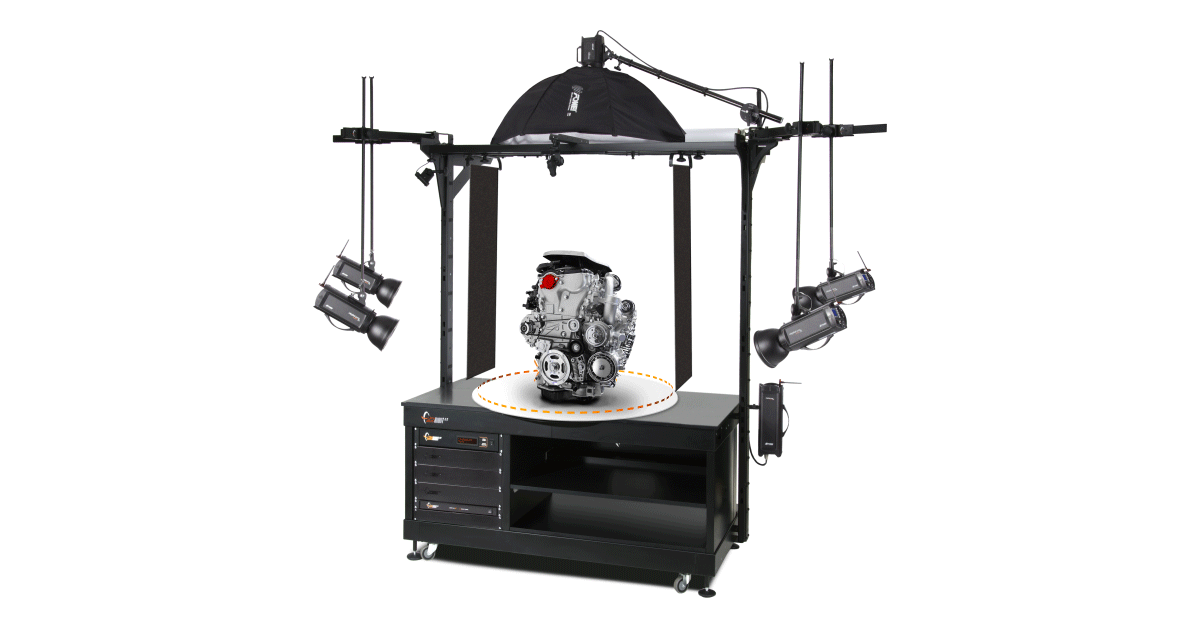 Product photography setup with heavy object rotating on plate.