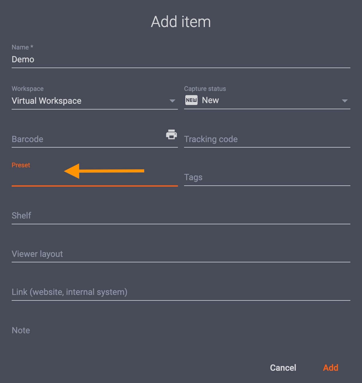 Item preset configuration