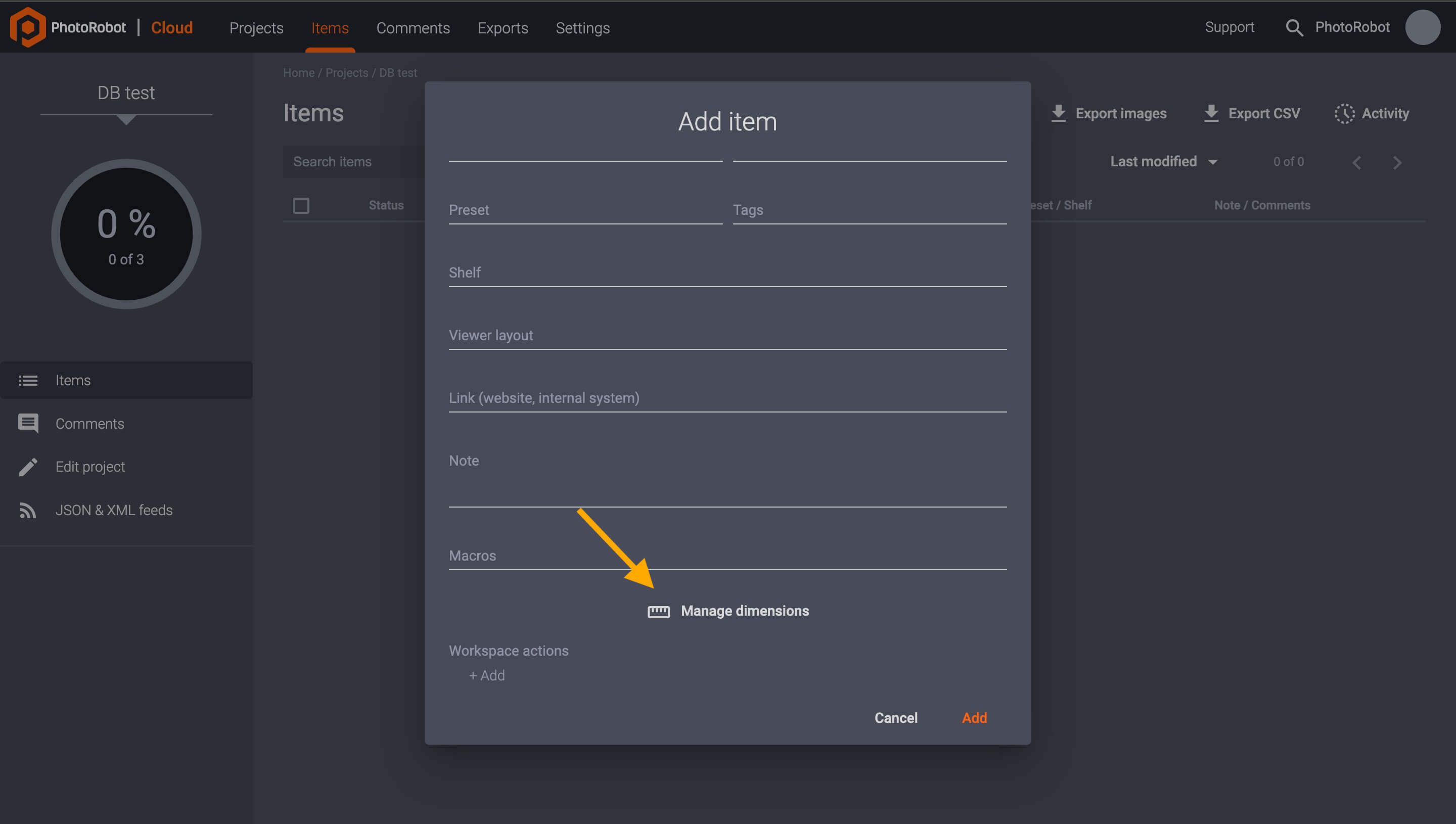 Manage dimensions in PhotoRobot Controls enables users to add item measurements into the software.