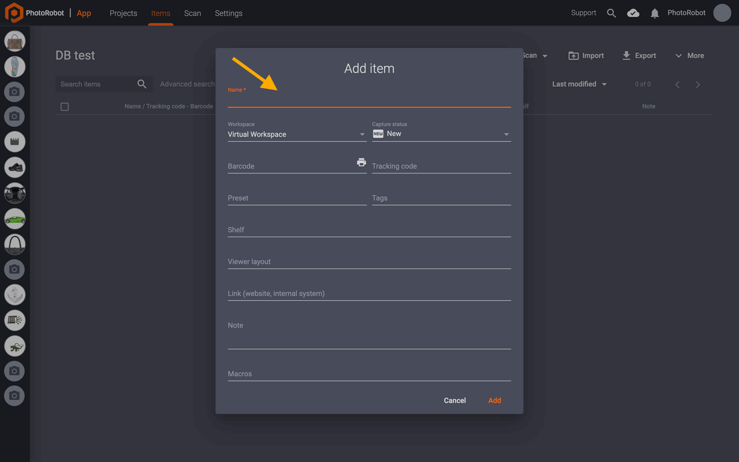 Items in PhotoRobot Controls contain a name and various fields for identification and automation