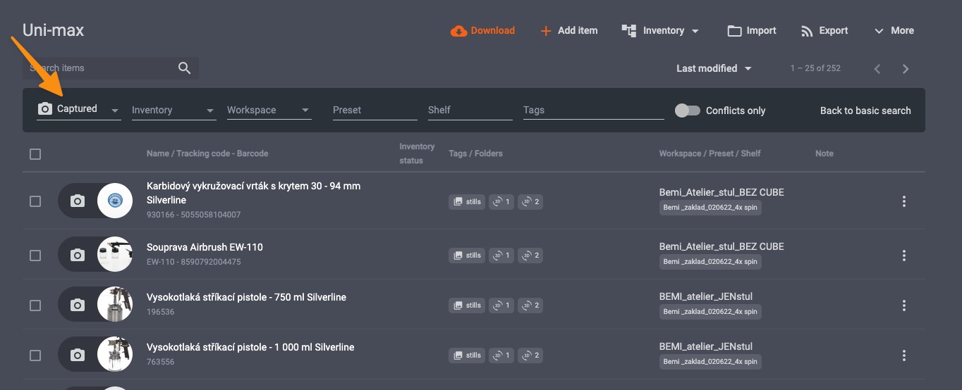 Item list status filter for easy navigation