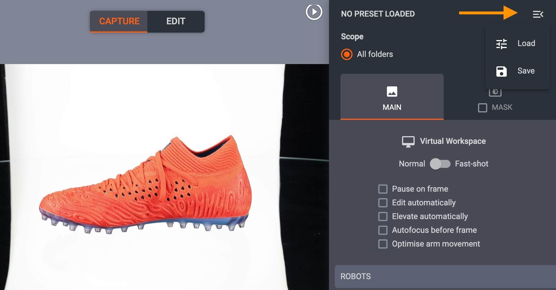 Save and load PhotoRobot presets