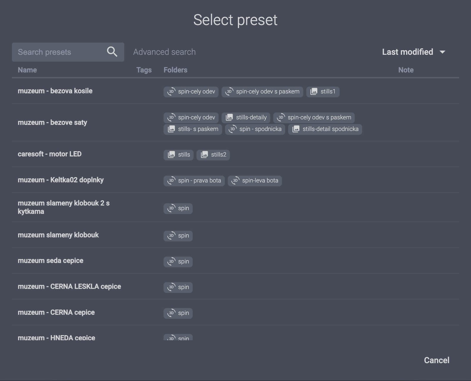 Software preset selection screen