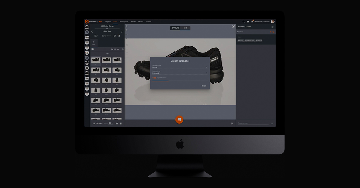 PhotoRobot user interface Create 3D model.