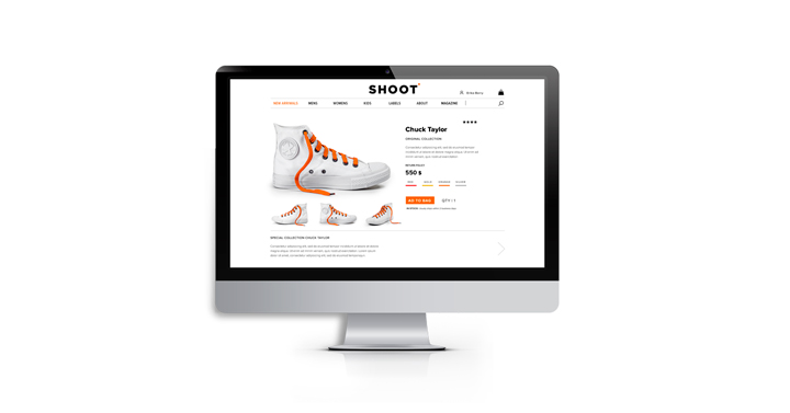 Laptop screen displaying footwear product page.