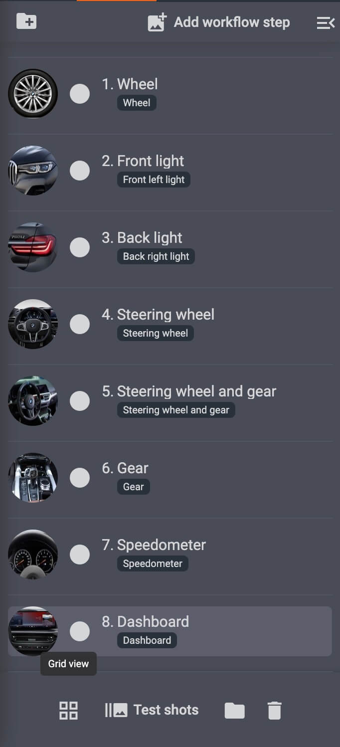 View workflow steps in list view for easy moving and adding steps.
