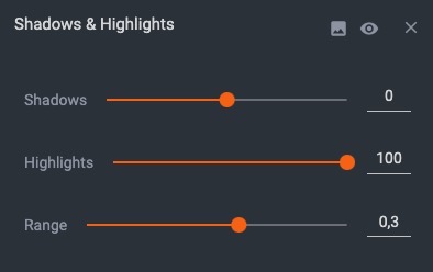Shadows & highlights editing menu