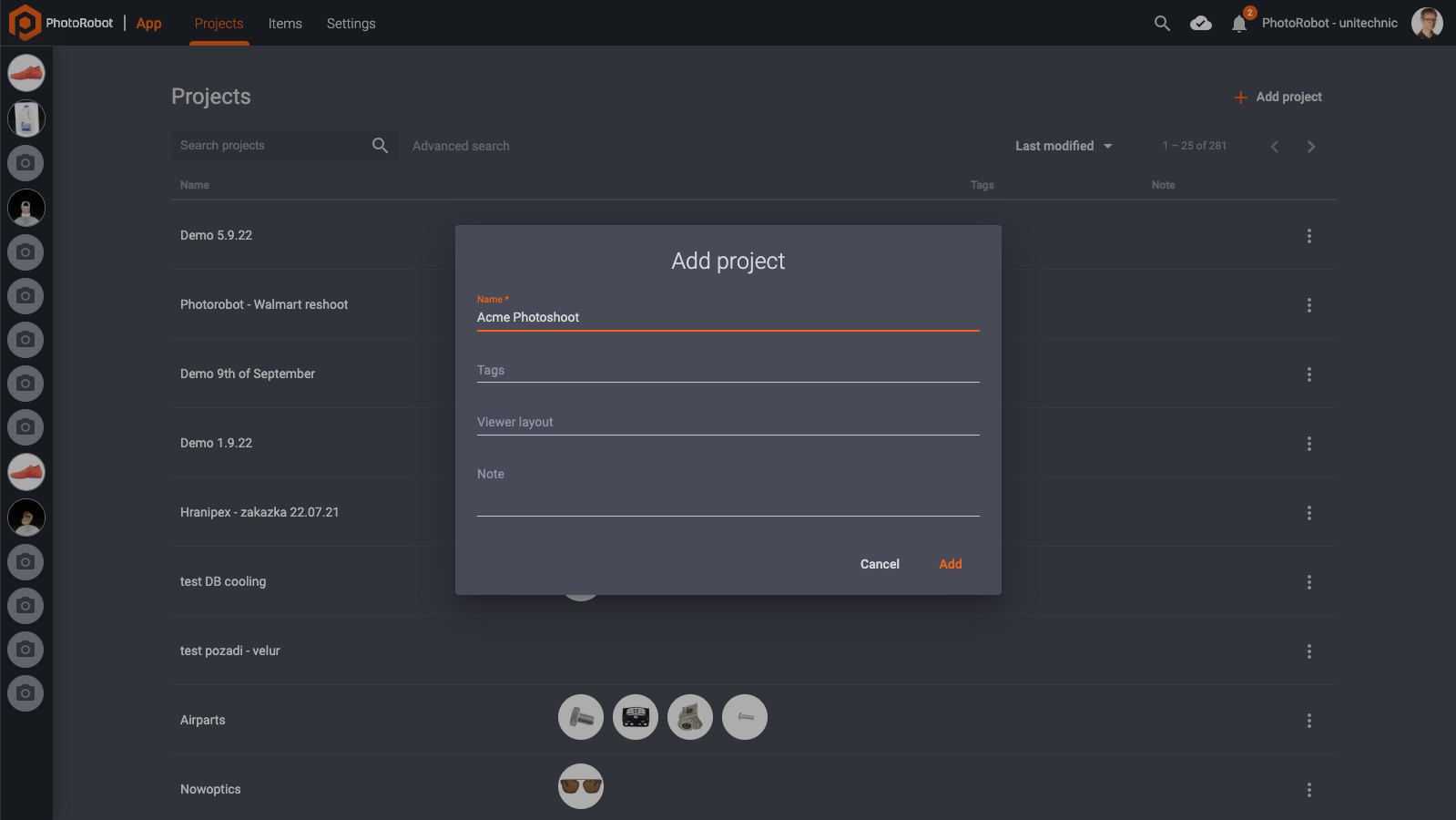 Photography automation software - add project