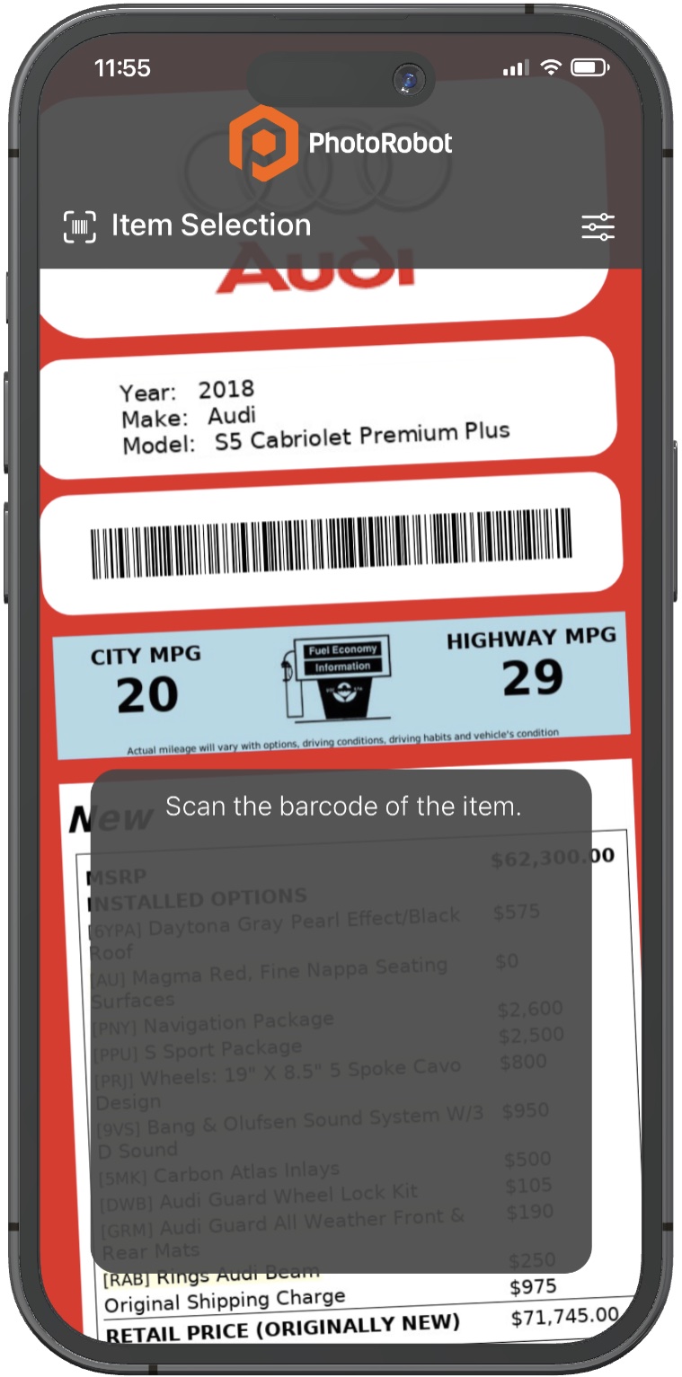 Select an item to photograph by scanning its product barcode.