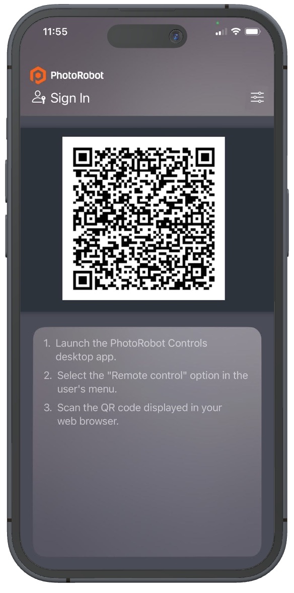 Log into the PhotoRobot iPhone app via QR code.