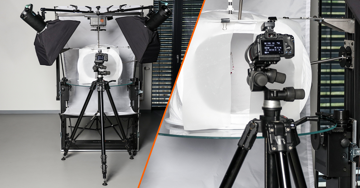 Manfrotto 058B Triaut Camera Tripod setup for jewelry photography