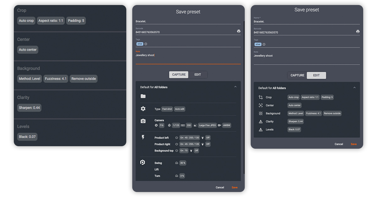 Automated editing settings for jewelry photoshoots