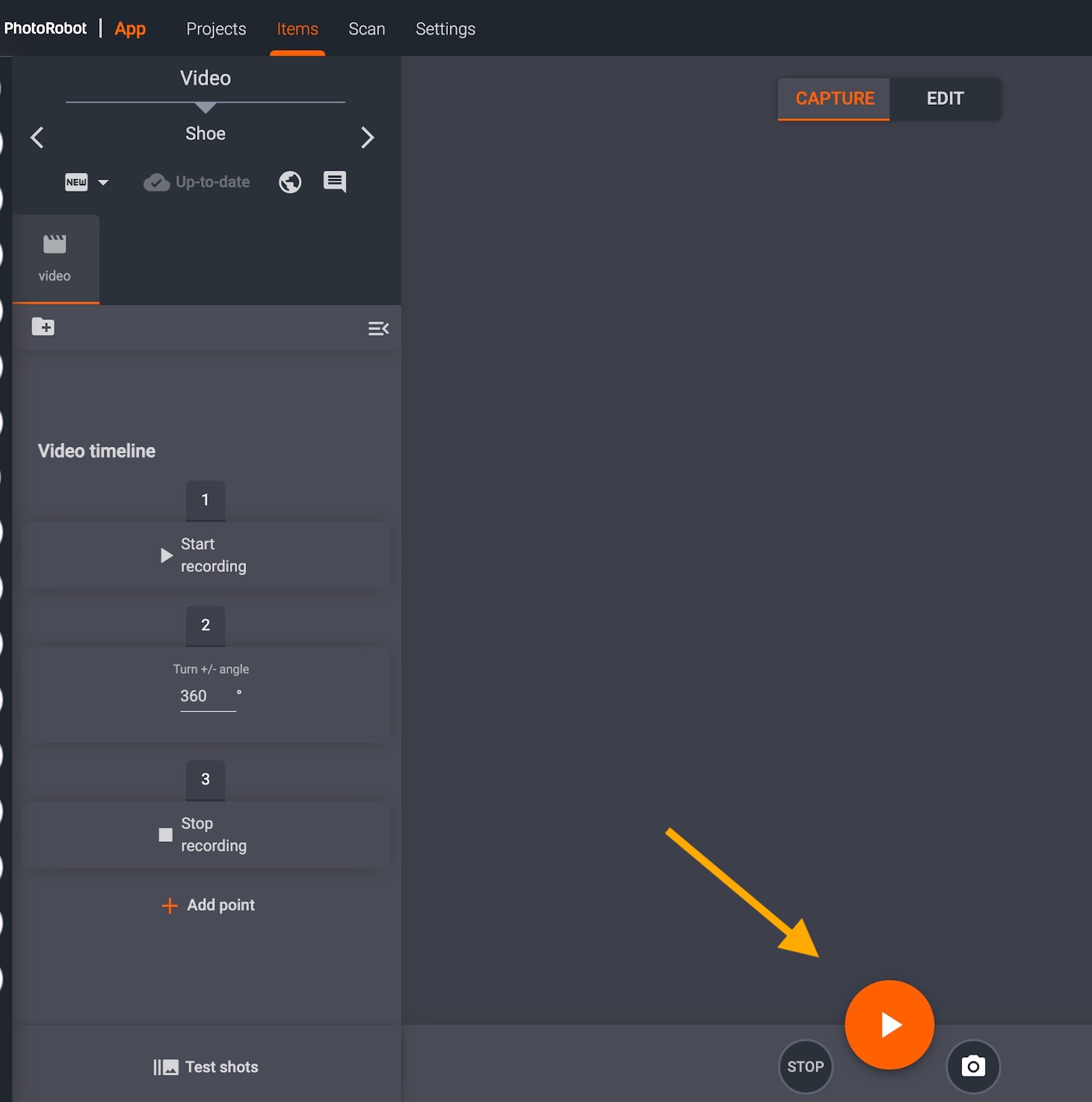 The start button begins recording the video with all preset timeline operations.