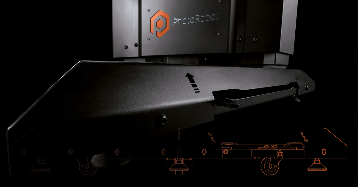 Close-up of workstation's mobility and retractable wheels.