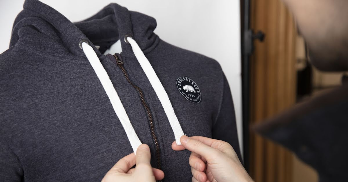 Close-up of zipper and drawstrings.