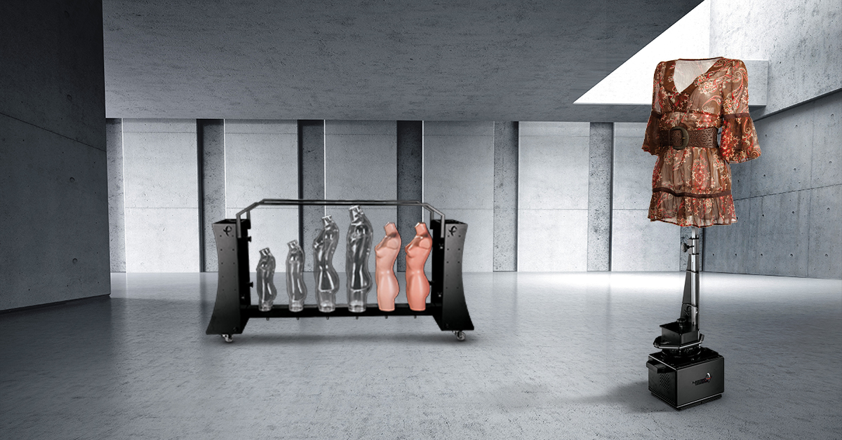 Dress on mannequin beside cart of different mannequins.