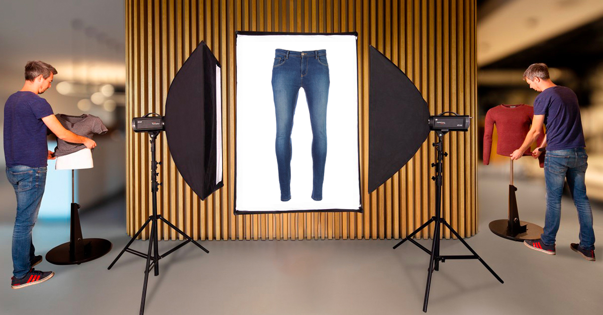 Studio setup with lights, product, and photographer.