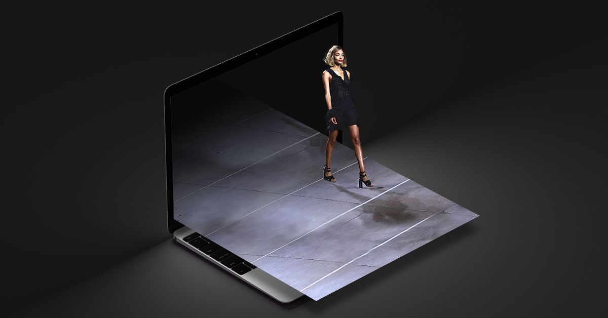 Image of model exiting computer screen walking on runway.
