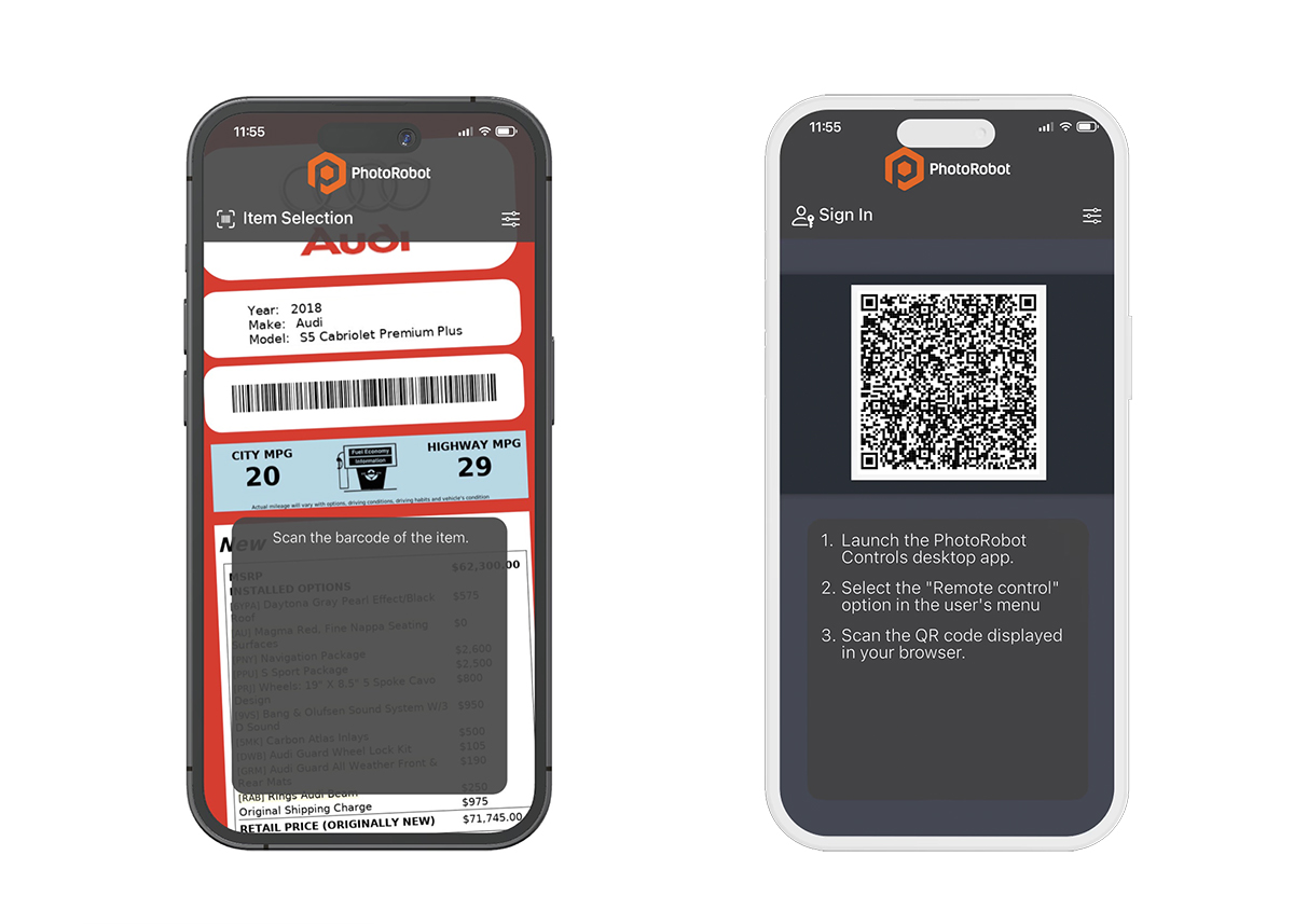 Launch the iPhone app via QR code log-in and item selection by barcode.