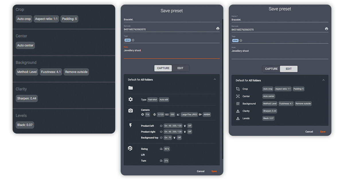 Backup of images, background removal, image optimization and delivery run according to presets.