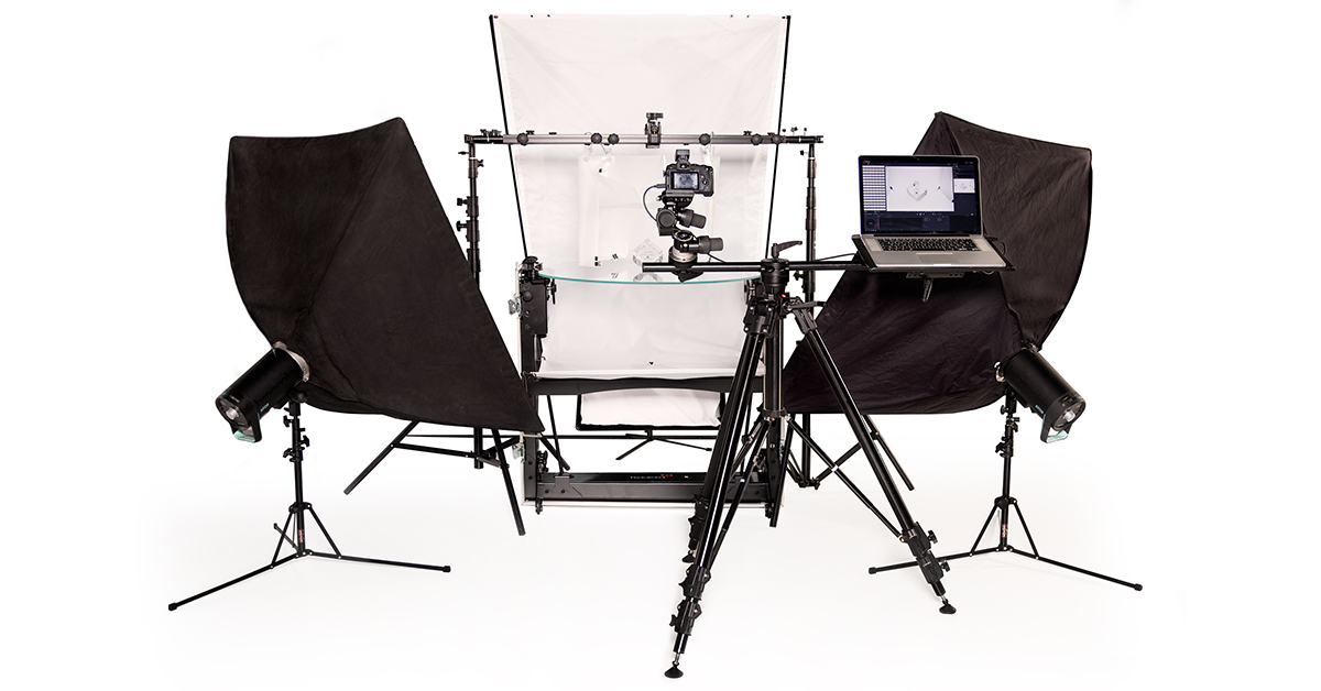 Product photography turntable, lights, camera and computer.