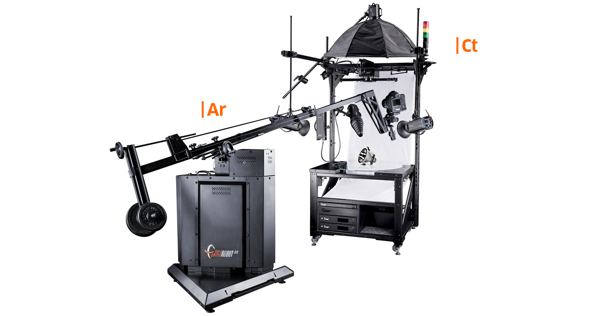 Robotic camera arm for use with rotary turntable.