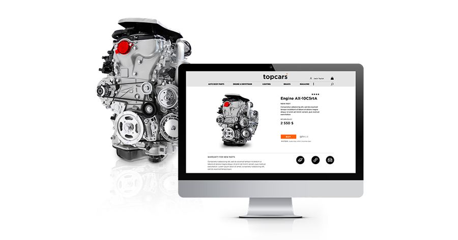 Automotive engine beside monitor displaying product page.