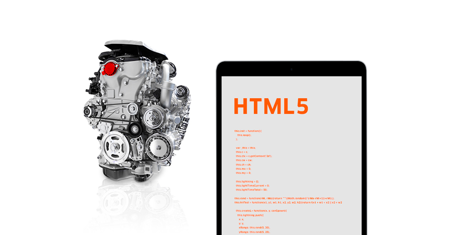 Engine next to mobile screen displaying HTML5 tech.
