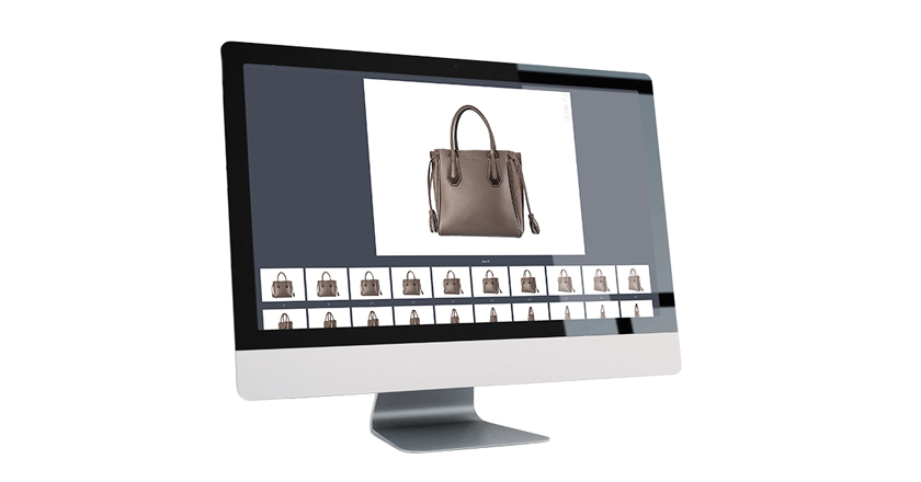 Computer monitor displaying photos of handbag.