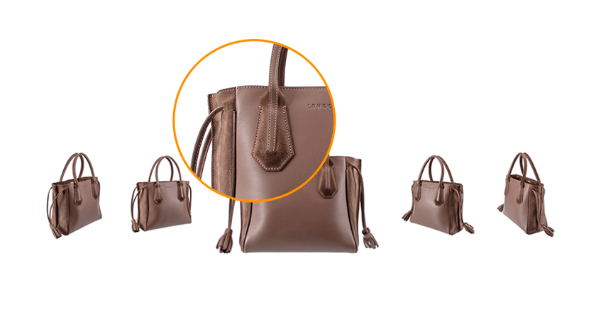 Multiple angles of handbag with zoom into details.