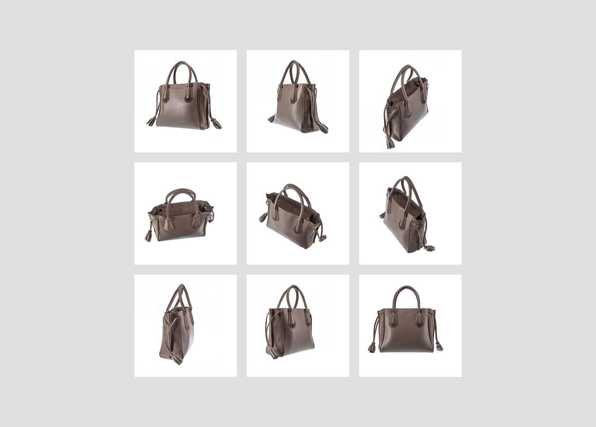 3 x 3 grid of handbag photos from different angles.