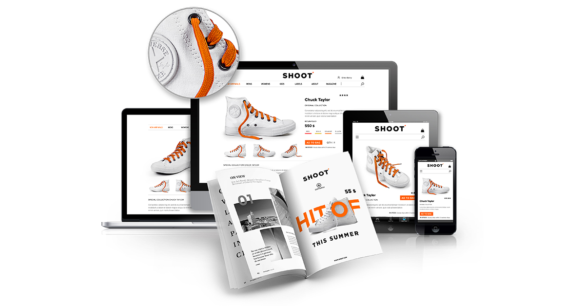 Multiple device shopping for shoes, viewing product page.