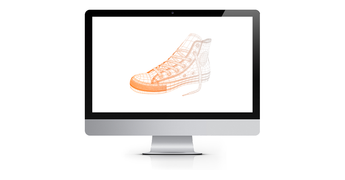 3D model hightop sneaker viewed on desktop monitor.