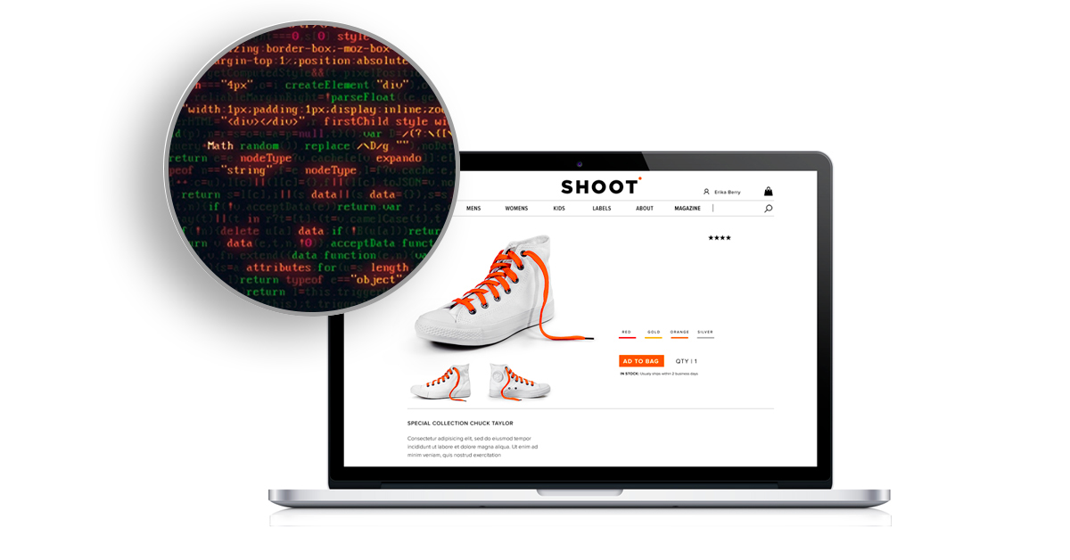 Zoom into coding behind footwear product page.