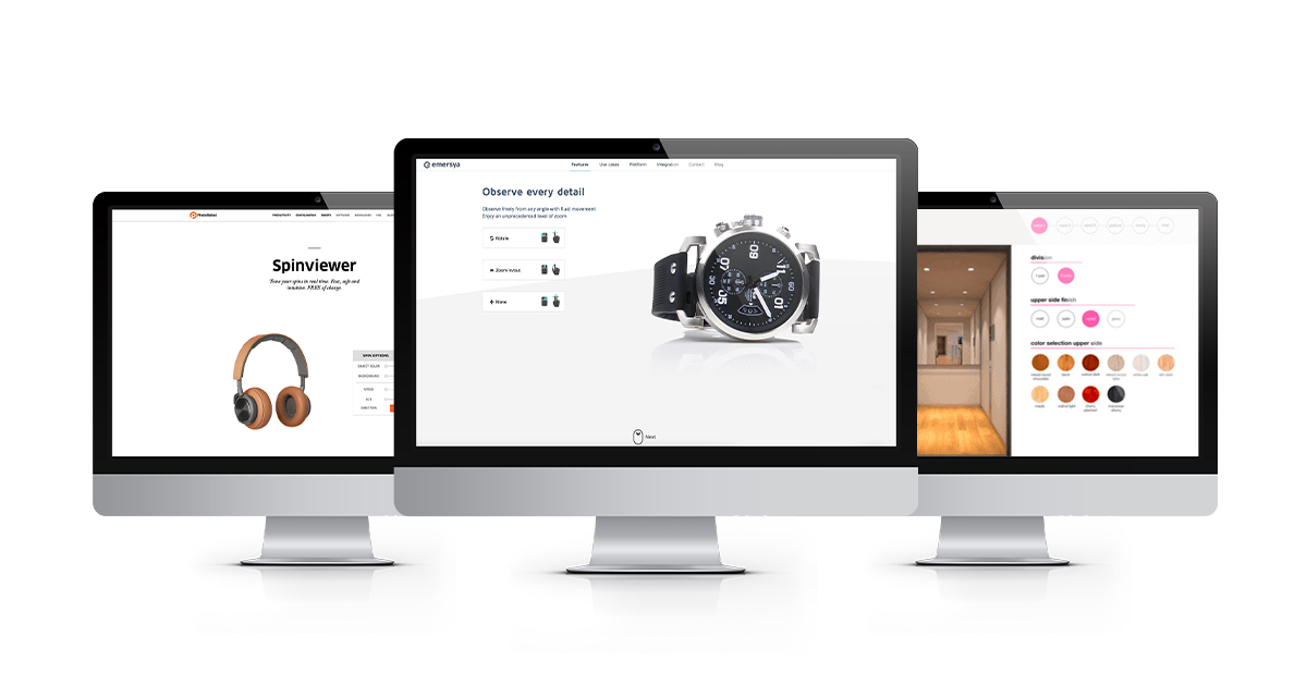 Monitors showing spin viewers and 3D product configurators.