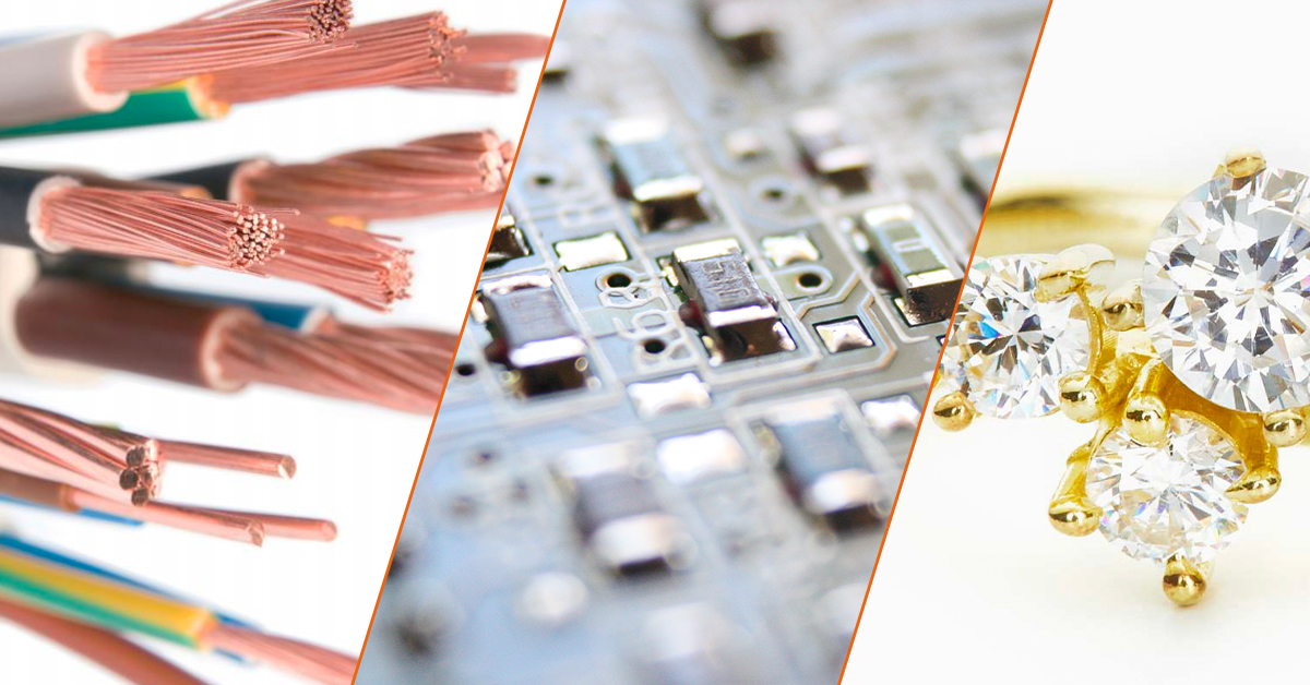 Photos of wiring, microchip circuitry, and diamond ring