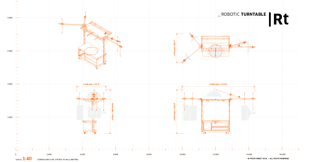 Technical specifications and dimensions of photography turntable.