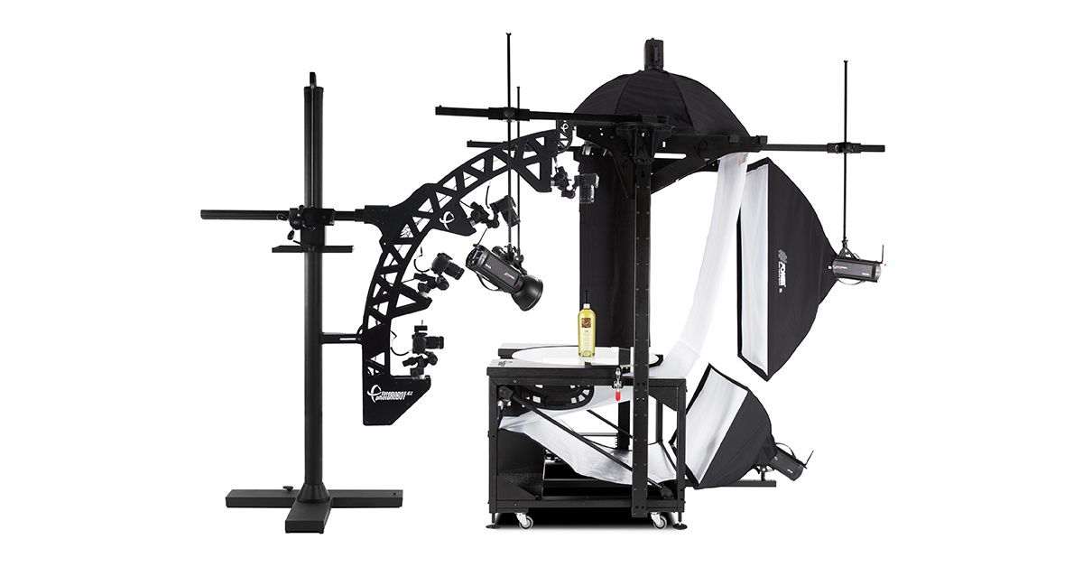 Motorized photography turntable with camera arm, lights, and product.