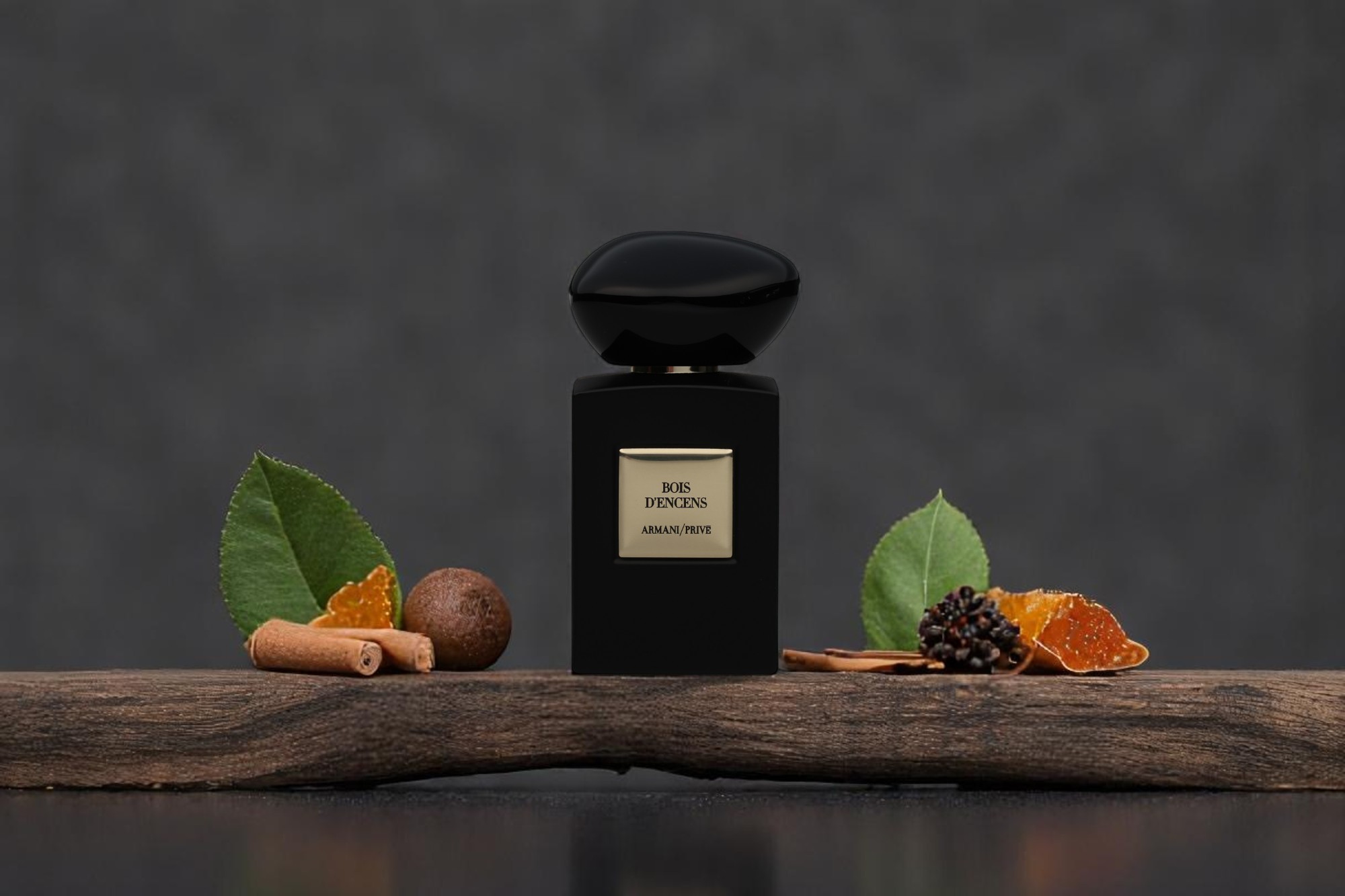 A product photo of Armani/Prive perfume appears on a thematic background with fragrance ingredients.