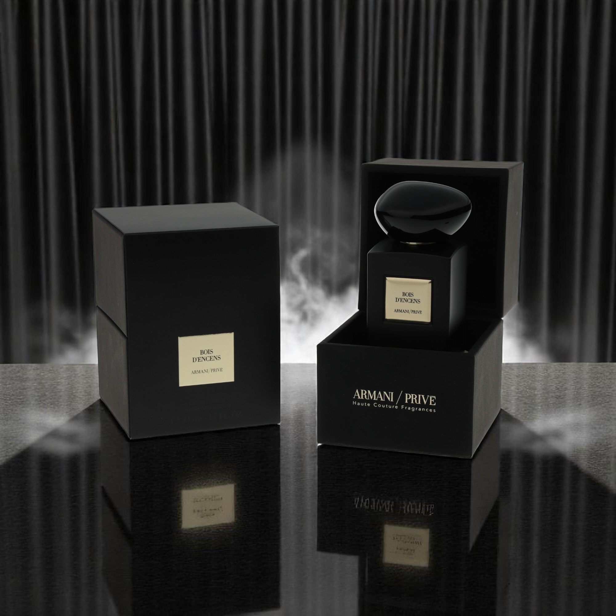 A packshot of a black and gold perfume bottle has a background with matching dark colors and theme.