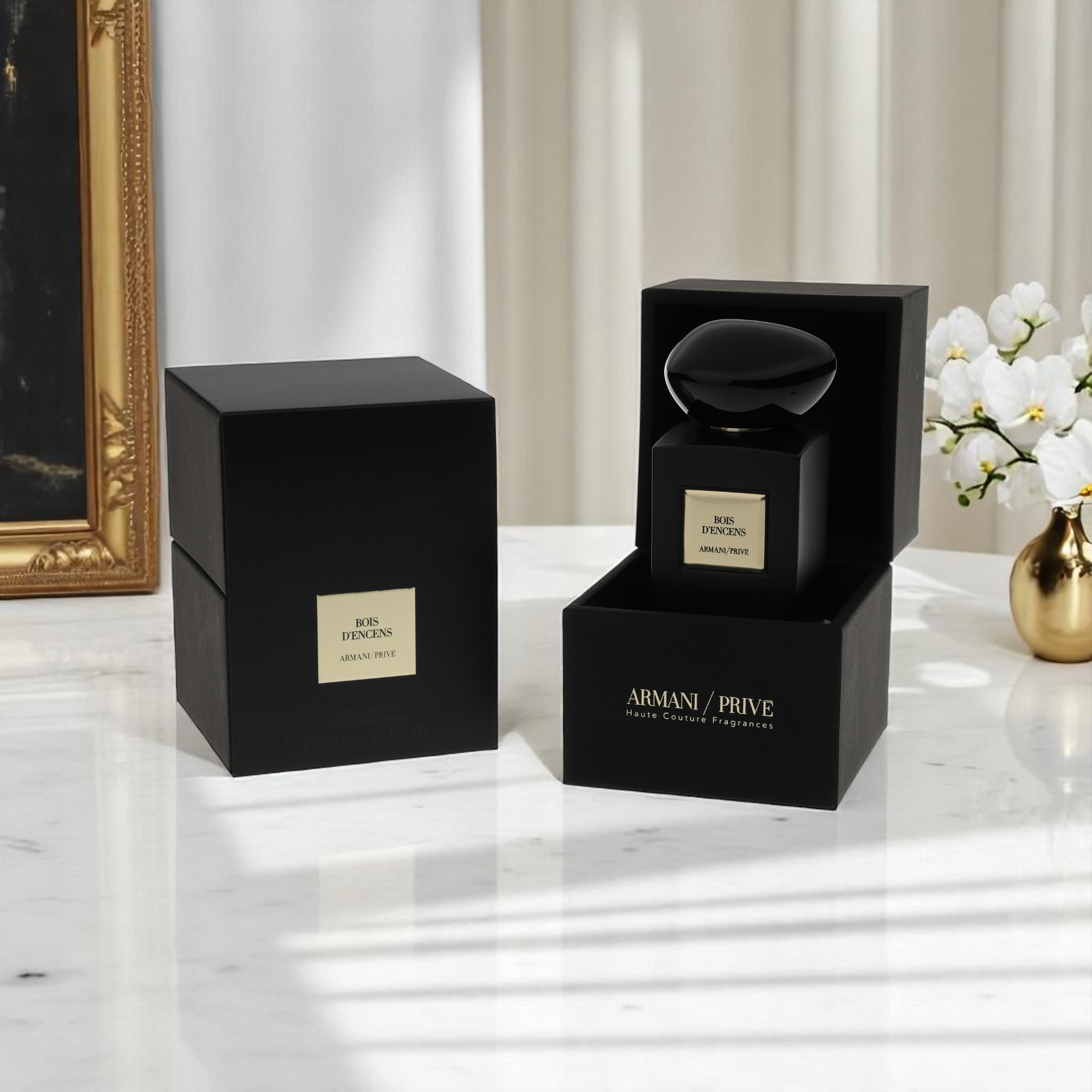 Armani perfume sits on a marble table with a background matching its appearance and lifestyle.